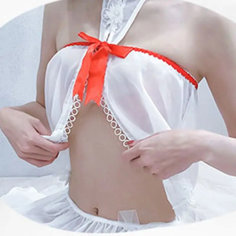 

Women Sexy Sheer Mesh Roleplay Lingerie Set Halter Bow Top Split Skirt Nightwear Q6PB