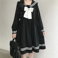 houzhou black lolita dress women bow patchwork loose japanese preppy style sailor collar kawaii long sleeve dress jk girl outfit