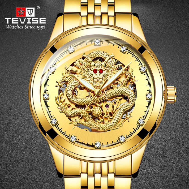 

TEVISE 9006B Golden Watch 3D Dragon Men Clock Automatic Watch Rhinestone Self-Wind Mechanical Watches Luminous Montre Homm