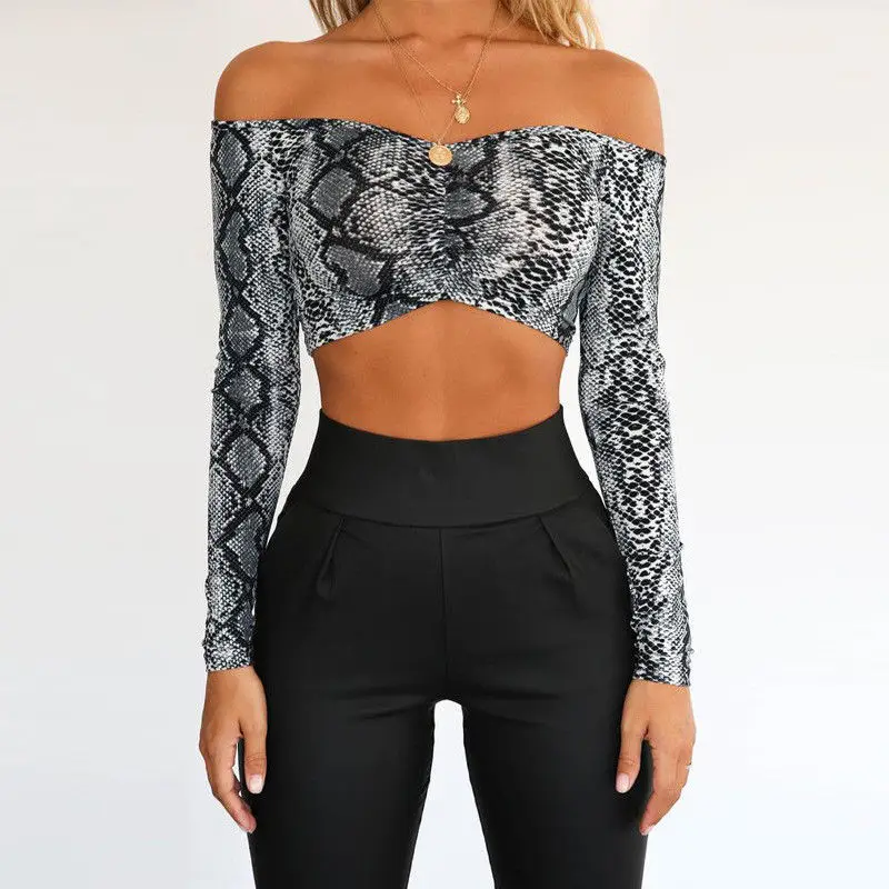 

INS fashion Ladies Blouse Off Shoulder Cropped Tank Tops Women Sexy Snake Skin Print Crop Top Ladies Streetwear Basic Tees 2019