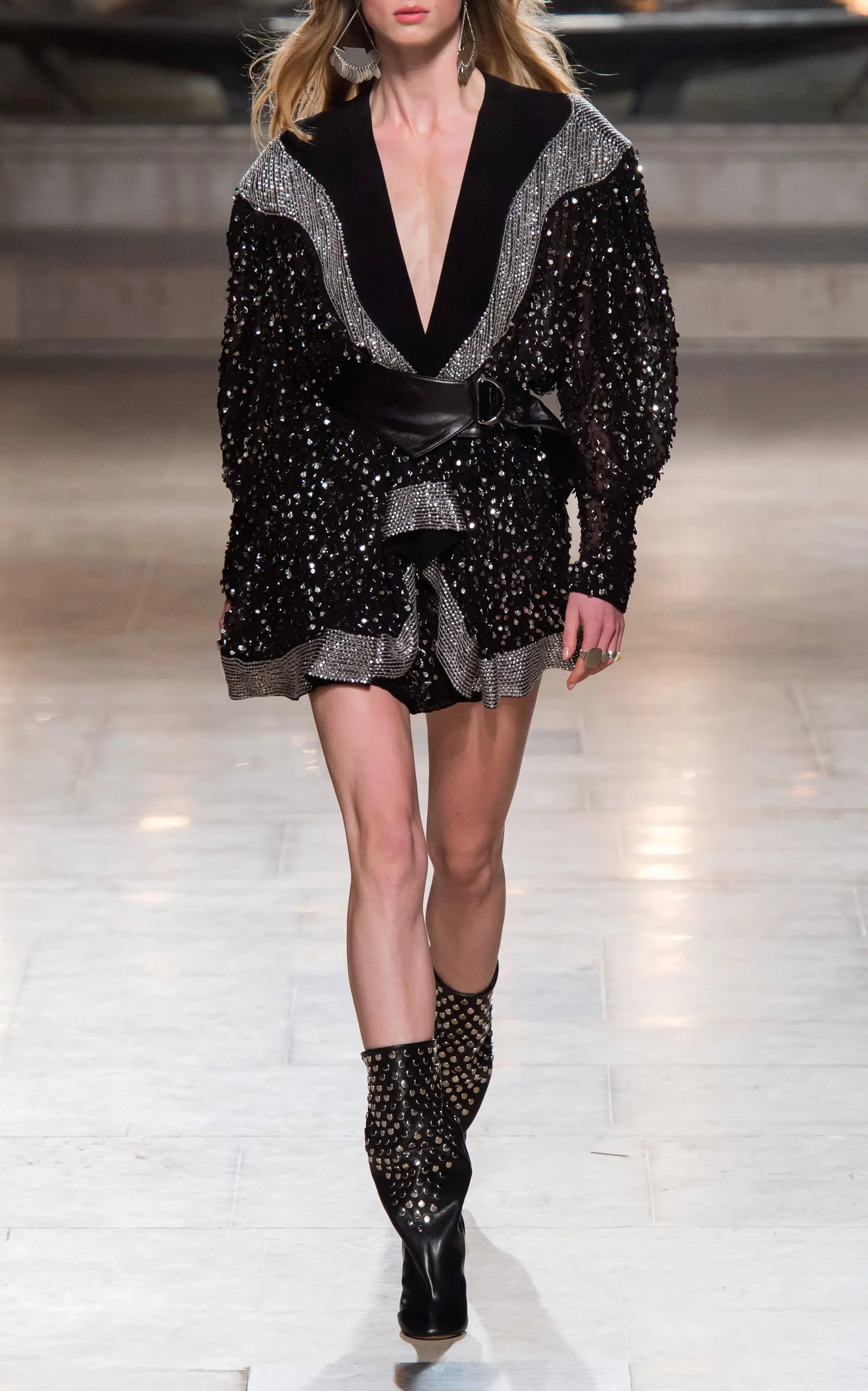 

2020 Spring Runway Women's Sexy V-neck Party Dress Long sleeve Sequins Ruffles Draped Dress with sashes