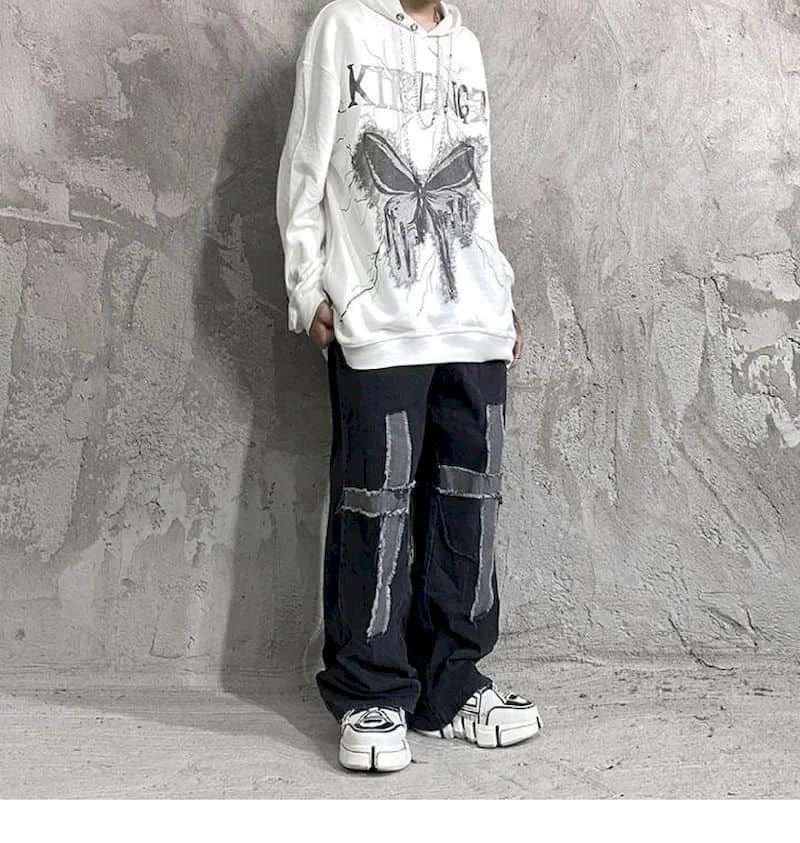 

Hoodies Men Woemn Pullover New High Street Print Lightning Butterfly Hooded Sweatshirt Dark Oversize Loose Trendy Brand Hoodie