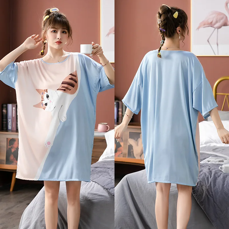 

Loose Nightgown Women Sleep Dress Satin Print Nightdress Sleepwear Summer New Cute Home Dressing Gown Intimate Lingerie