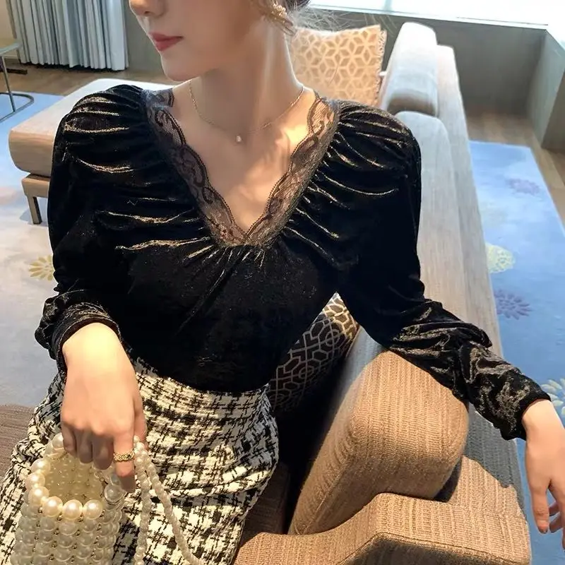 Женская футболка с V образным вырезом весна осень 2020 соблазнительные кружевные