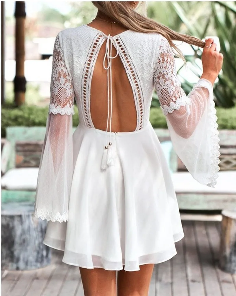 

2020 New Milky White Water-soluble Lace Hook Flower Hollow V-neck Tie Trumpet Splicing Long Sleeve Chiffon Fresh and Sweet Dress