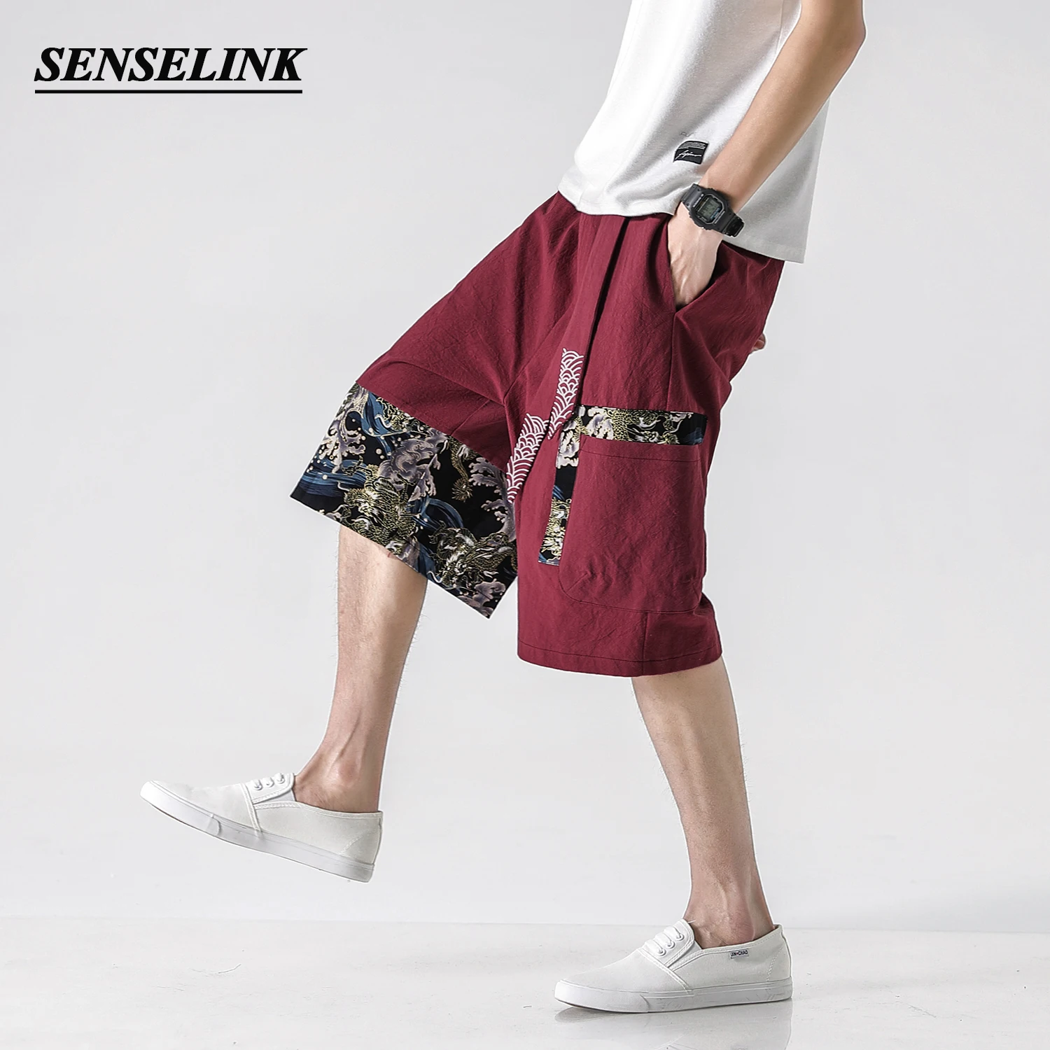 

2021 Summer Linen Casual Shorts Men Fashion Loose Embroidery Belt Printed Cloth Stitching Cotton and Linen Straight Men Shorts