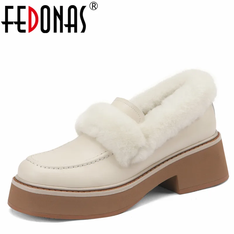 

FEDONAS High Quality Genuine Leather Wool Decoration Women Pumps Retro Classic Office Concise Thick Heels Shoes Woman Winter New