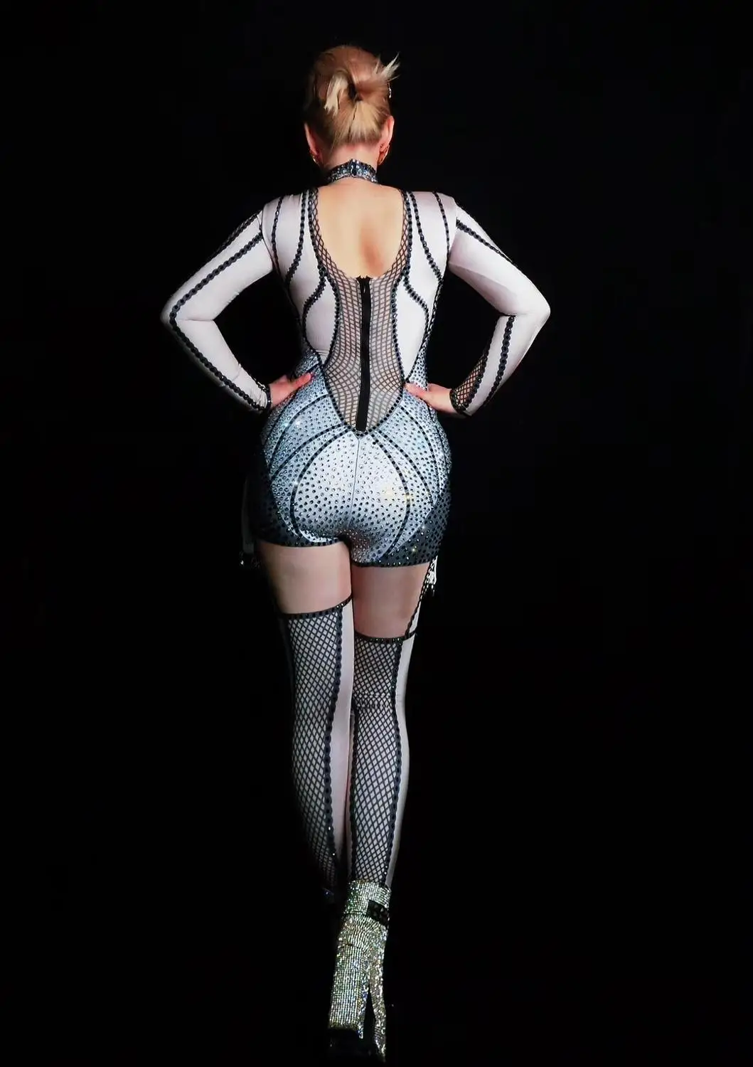 Female Singer Dancer Sexy Leggings Costume Bodysuit Nightclub Outfit Party Wear Black Printed Nude Stretch Jumpsuit | Тематическая