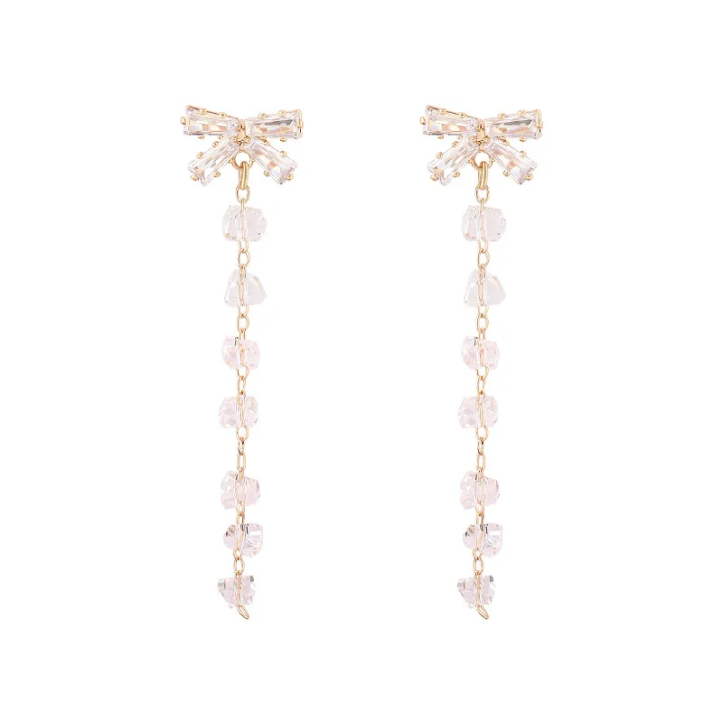 

High-End Sweet Bowknot Ear Jewelry Simple Super Flash Long Tassel Earrings S925 Silver Needles Drop Earring For Young Girl Gifts
