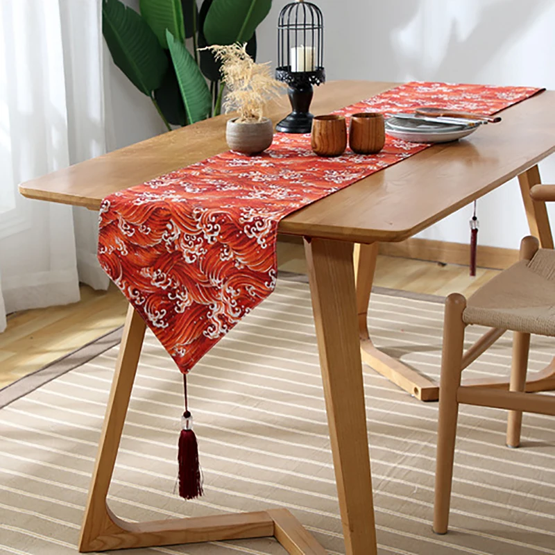 Винтажная настольная дорожка в японском стиле Zephyr морские волны коричневые