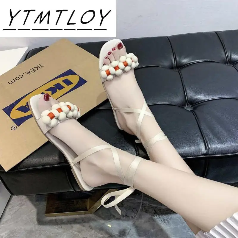 Сандалии женские на плоской подошве тонкие босоножки с ремешком щиколотке