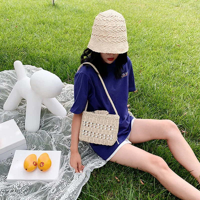 

2021 Summer New Beach Bags For Women Casual Ladies Woven Straw Shoulder Bag With Pearl Designer Travel Bohemia Handbags Female