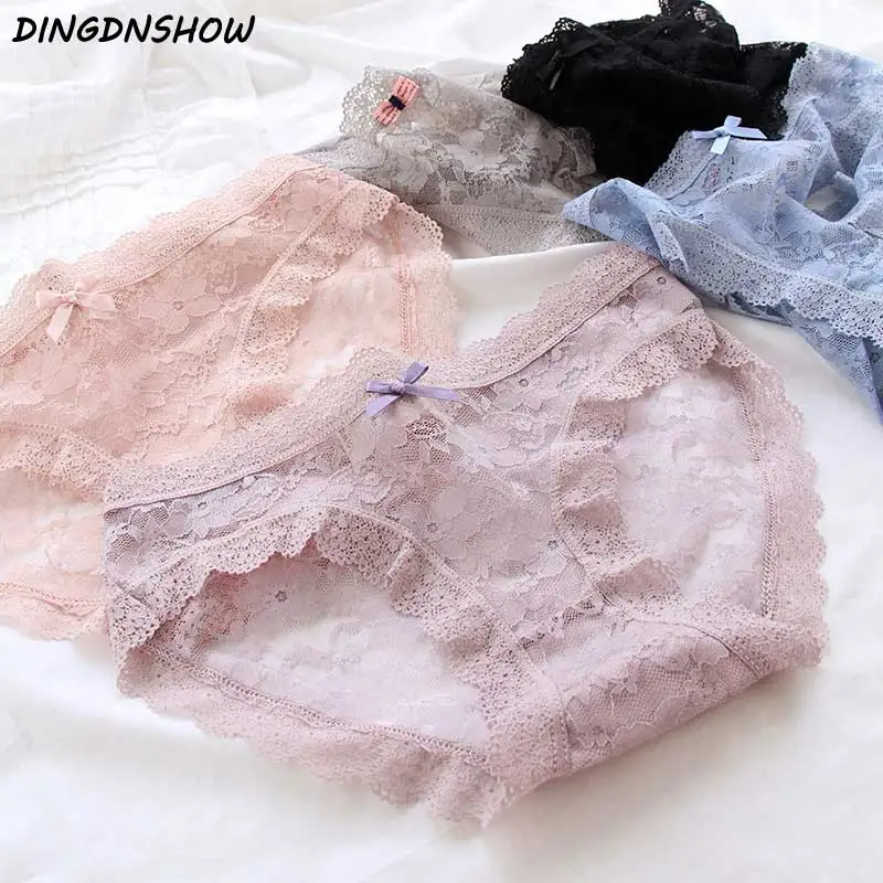 

[DINGDNSHOW] 2021 модные кружевные хлопковые трусики, сексуальные трусики для девочек, средней посадки, с бантом, дышащая одежда