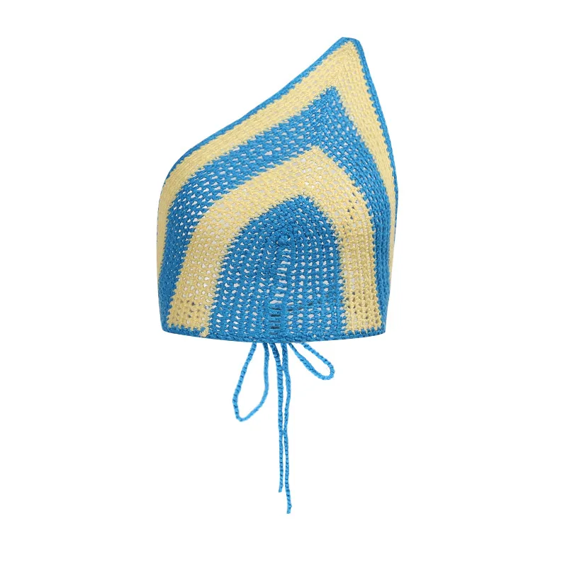 

Y2K Women Vintage Contrast Patchwork Tank Tops Knitted Camisole Backless Lace-up Crop Tops One-shoulder Off Tee For Summer