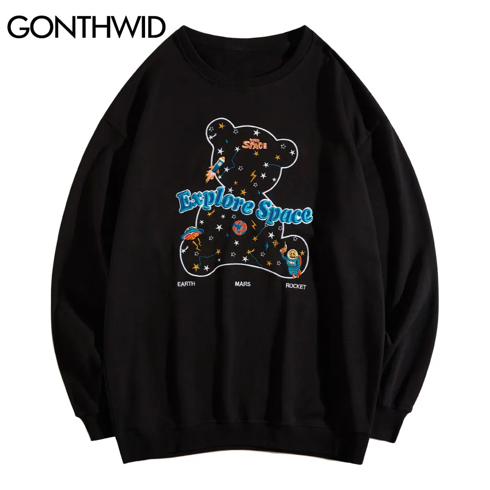 

Свитшот GONTHWID в стиле Харадзюку, уличная одежда, свитшот с вышивкой медведя, ракеты, звезды, НЛО, модная свободная Мужская толстовка в стиле х...