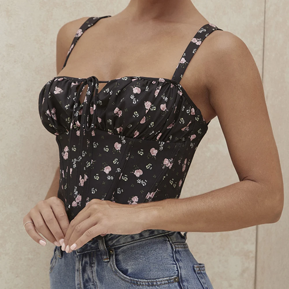 

Women's Fashion Floral Camisole Sexy Tie Up Sleeveless Top Spaghetti Strp Top Lace Up Backless Beach Tube Top 2021 Summer