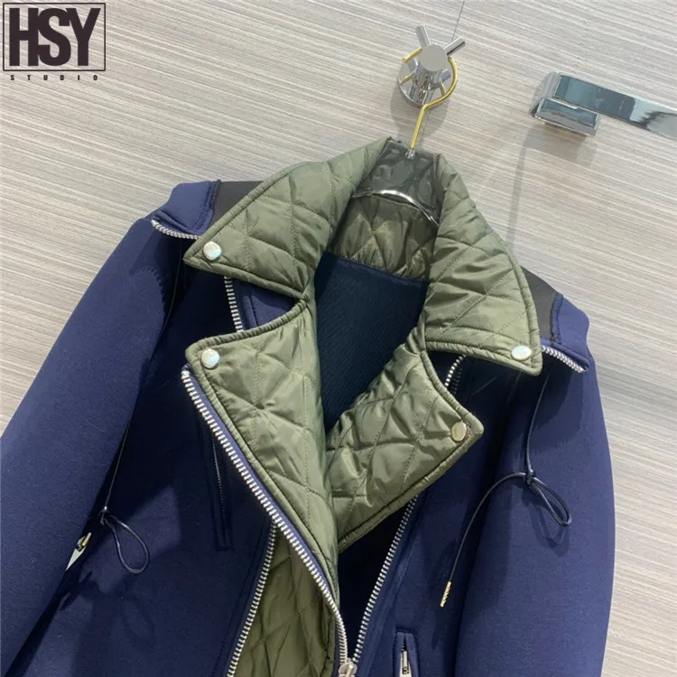 【HSY】 Новая Осенняя модная Женская Стеганая мотоциклетная куртка космическая хлопковая Лоскутная имитация двух частей ромбическое пальто с капюшоном 2 цвета