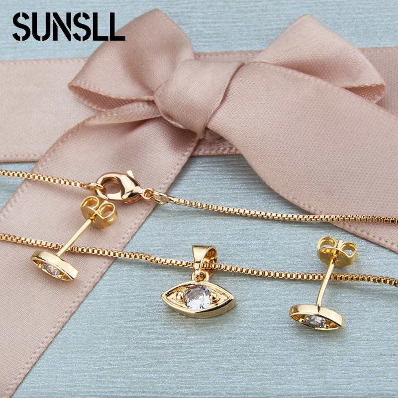

SUNSLL Gold Color Eye Pendant Necklace Earrings Set White Cubic Zircon Box Chain Jewelry For Women Fashion Party Simple Gifts