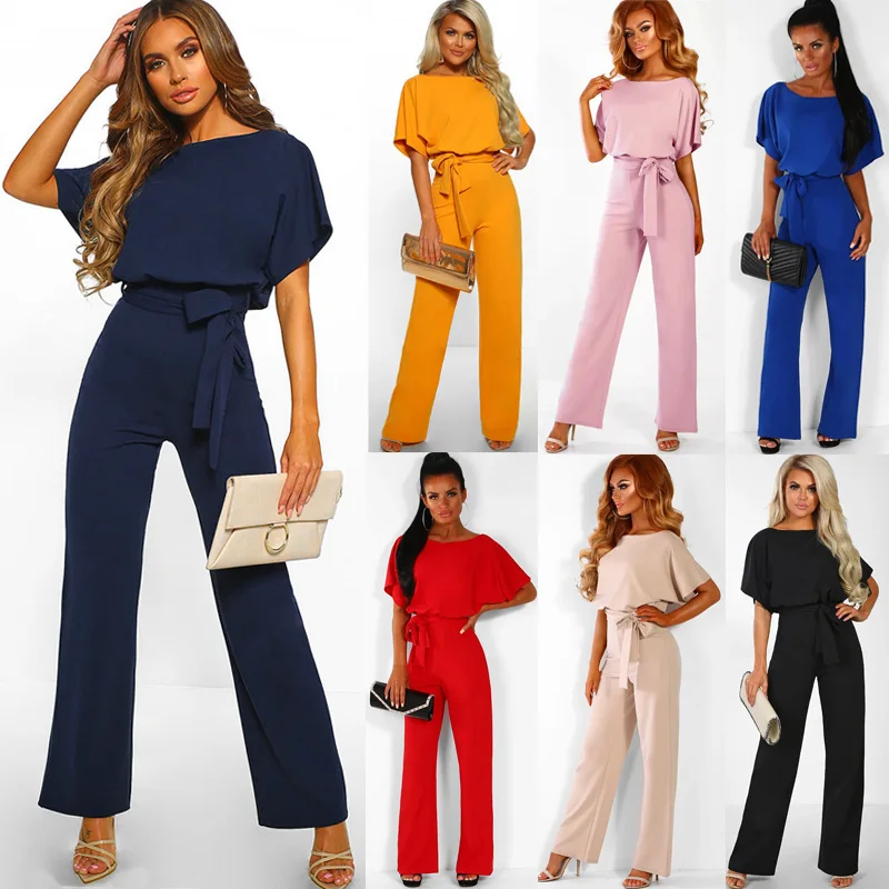 

New 7-color spring and summer fashion lace-up button short-sleeved women's jumpsuit