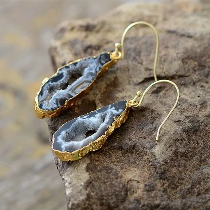 gold plated-black Натуральная Друза, висячие серьги, форма, Agates Drusy Femme, ювелирные изделия, серьги-крючки, оникс, Агаты, кристаллы, женские серьги, Прямая поставка - Окраска металла: gold plated-black