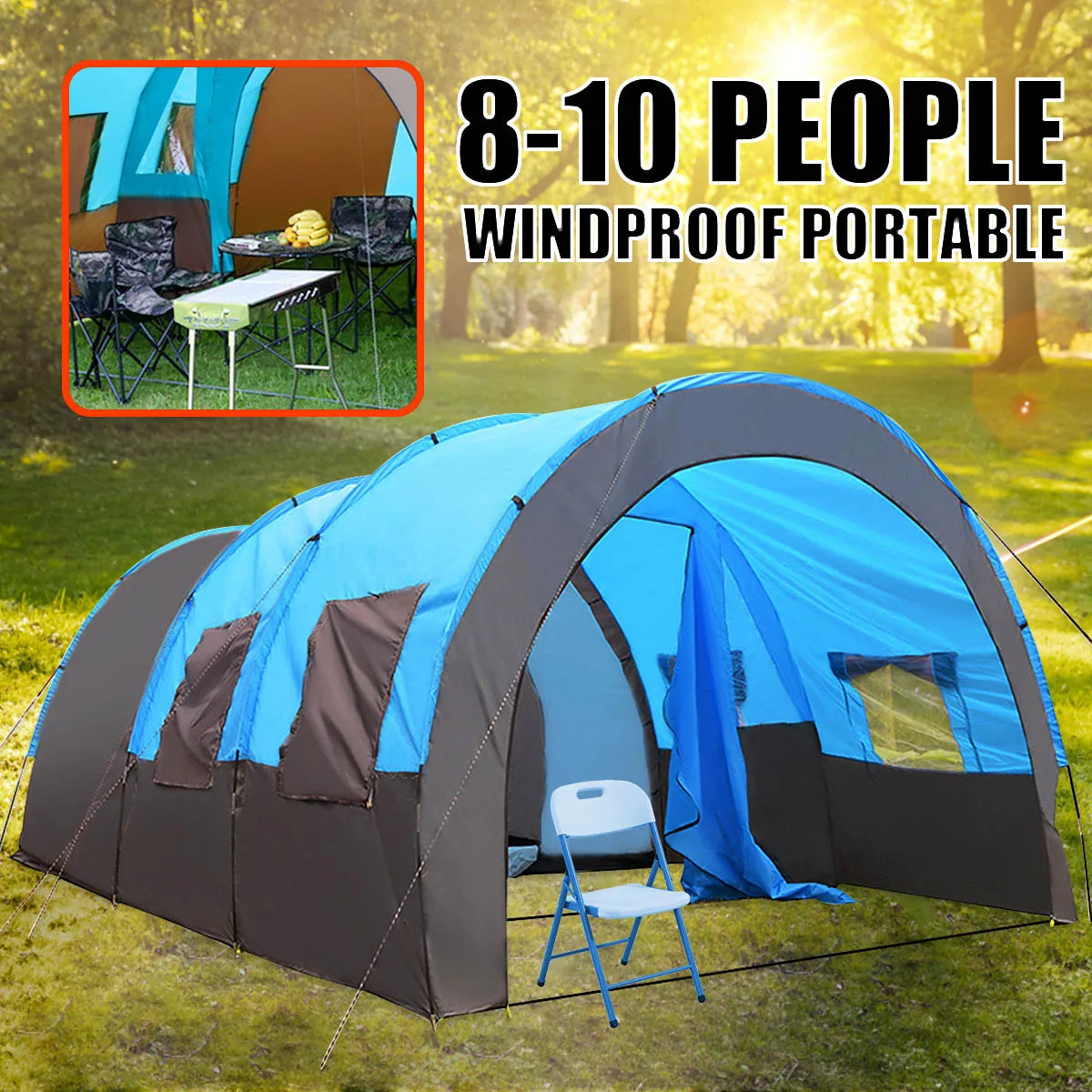 

5-8 People Large Camping Tent Waterproof Canvas Fiberglass Family Tunnel 10 Person Tents Equipment Outdoor Mountaineering Party