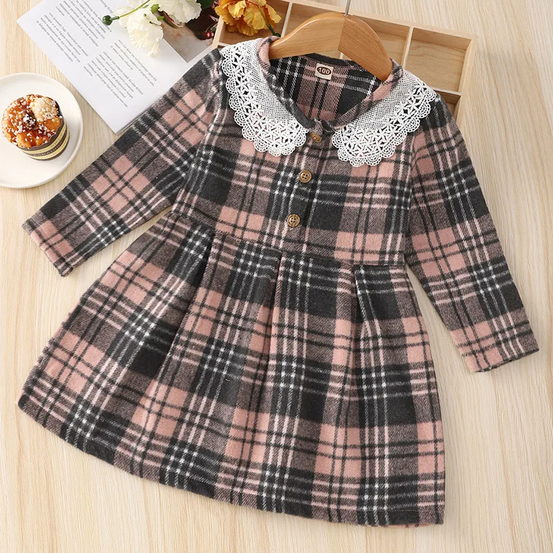 2022 new spring long-sleeved lattice lace collar children's dress 0-6 years old baby western-style | Детская одежда и обувь