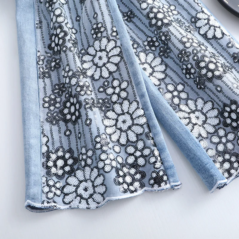 Женские расклешенные брюки FERZIGE с блестками и вышивкой узкие эластичные джинсы