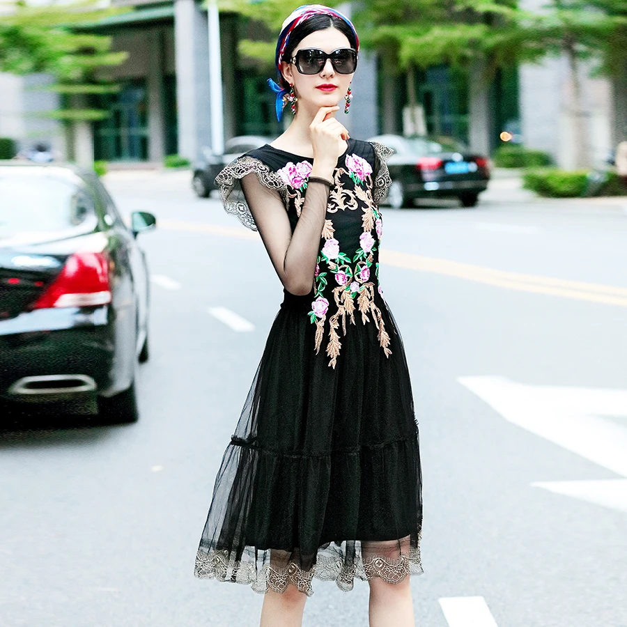 

Party High Quality 2021 Summer Women's Full Sleeve Flower Ruffles Black Knee-Length Embroidery Dress