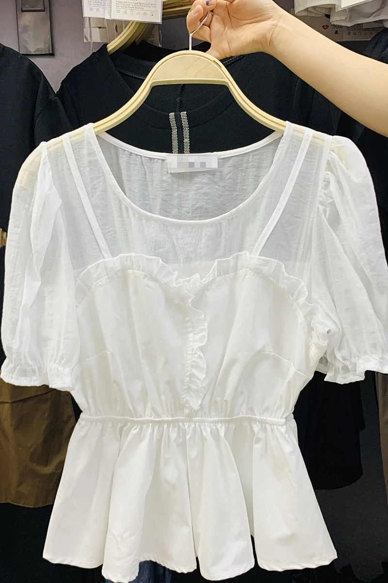 

Sweet Puff Sleeve Shirt Women Ruffled Design 2021 Summer Thin Fake Two-Piece Blouse Slim Waist Short-Sleeved Tshirt Tops Female