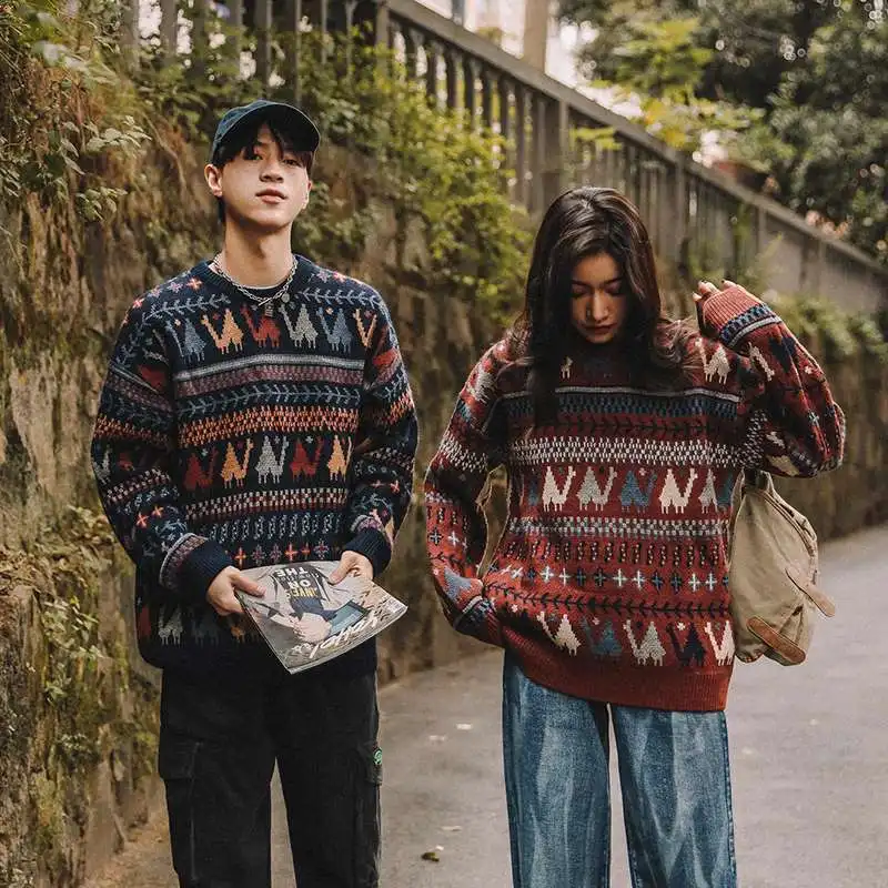 Свитер зимний толстый этнический верблюжьей расцветки пуловер с круглым вырезом