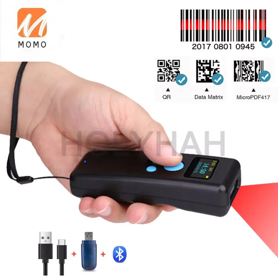 m8 1d 2d barcode scanner portable handheld mini bluetooth scanner 2 4g wireless with display for expressman mobile phone qr free global shipping