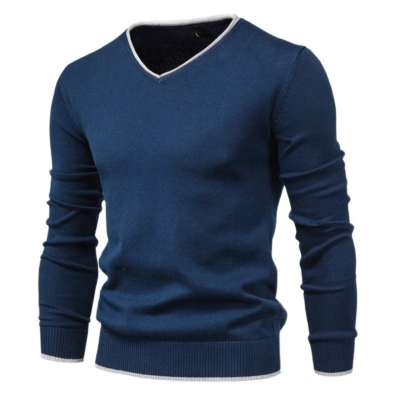 

Men Autumn New Sweater V-neck Pullovers Fashion 100% Cotton Solid Color Long Sleeve Slim Navy Knitwear