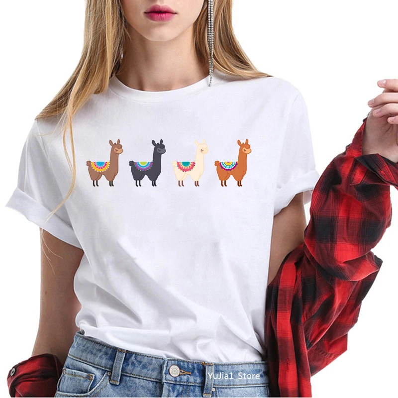 

Grass Mud Horse cartoon Print Women Simple T-shirt No Prob Llama T-Shirt Female Casual Loose Harajuku Hot Sold Short Sleeve