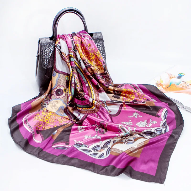 Шелковый шарф женский весенний с имитацией шелка 90 см фиолетовый атласный