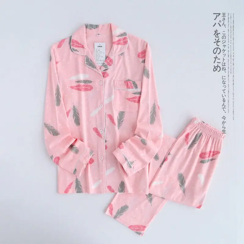 Весна New Ladies пижама Set Перо Печатный Полный хлопок Свежий стиль пижамы набор
