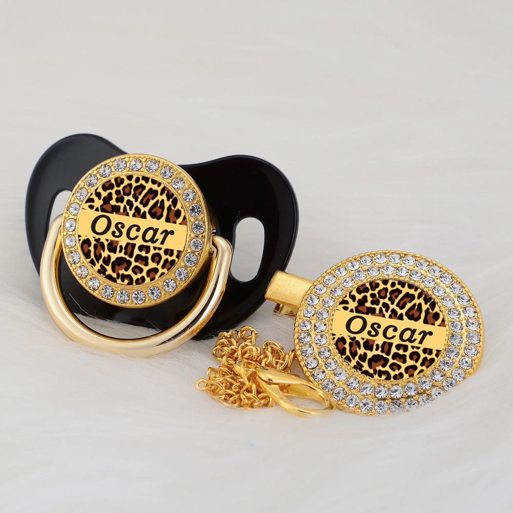 

MIYOCAR custom any test cool Leopard gold bling pacifier and pacifier clip black BPA free dummy bling unique design P-LEO