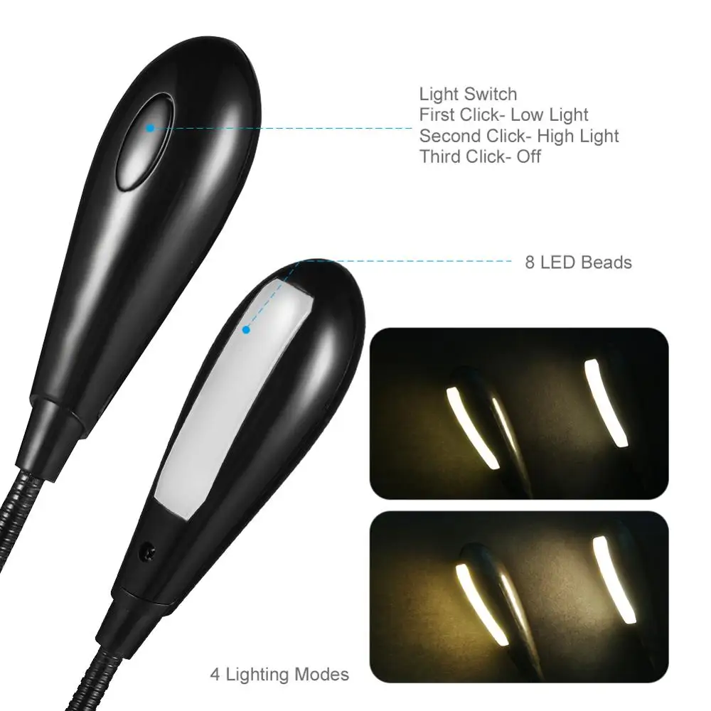 3000K 8 LED Beads USB Перезаряжаемый светильник для чтения книг с зажимом светодиодный 8 светодиодный s лампа для чтения компактный Luz 4 режима яркости светильник s 5V 4 светодиодный кронштейн настольные лампы - Испускаемый цвет: 3000K 8 LED Beads