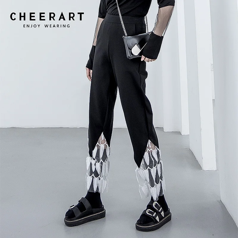 Черные модные брюки CHEERART 2020 женские с высокой талией прямые длинные сетчатые