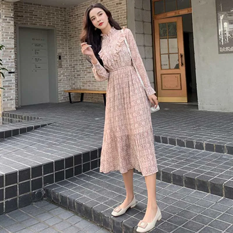 

2021 Spring summer Women Floral print fashion dress Party holiday elegant Korean dresses One-piece Ladies long sleeve dress lady