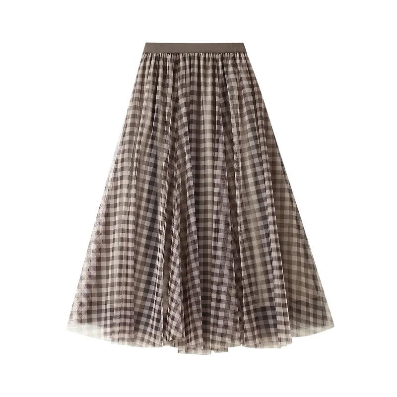 

FOLOBE 2021 Vintage Plaid Soft Tulle Skirt Print Maxi Long Pleated Big Swing Skirts Women Elegant Summer Voile Jupes Falda