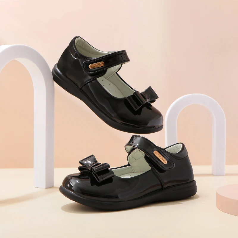 ULKNN Children's Flat Shoes For Girl  Kid Bowtie Shoes Baby Girl For Toddlers Princess School Shoe Pu Letter Party New Black
