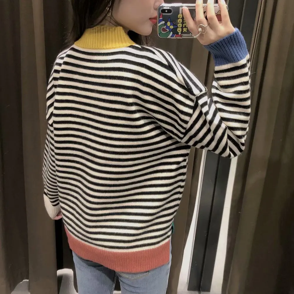 

2020 Autumn New Women Sweater Multicolor Striped O-Neck Long Sleeves Sweater Female Fashion Casual Women Clothes
