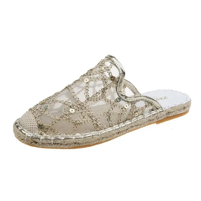 

Slippers Casual Summer Women's Shoes Slides Fretwork Heels Lace Cover Toe Low Luxury Soft Flat Basic TPR PU Fisherman Shoes Woma