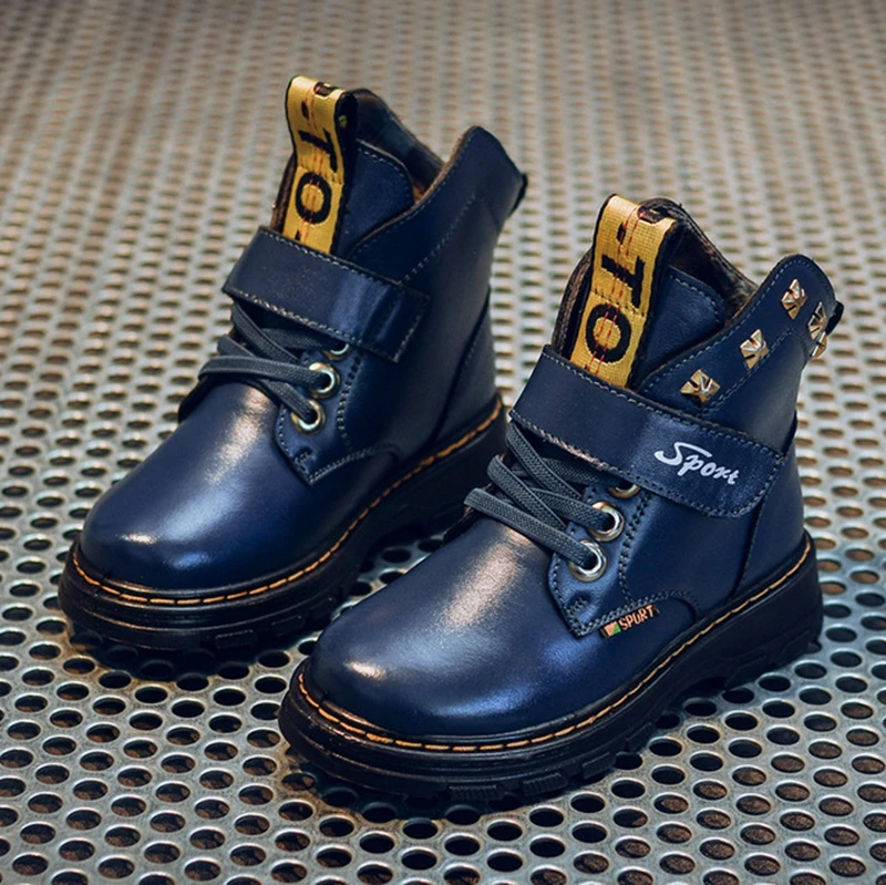 

Genuine Leather Children Boots For Boys Autumn Winter Mid-Calf Kids Snow Boots Outdoor Warm Plush Shoes Boys Martin Boots KS553