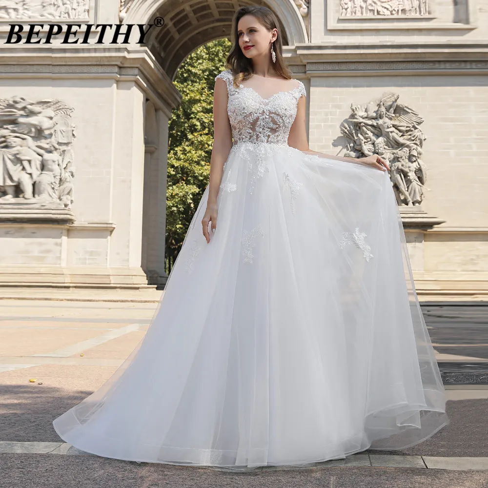 

BEPEITHY A Line Ivory Wedding Dress Sleeveless 2021 Robe De Soirée De Mariage Lace Bodice Vintage Bridal Gown Boho Vestidos