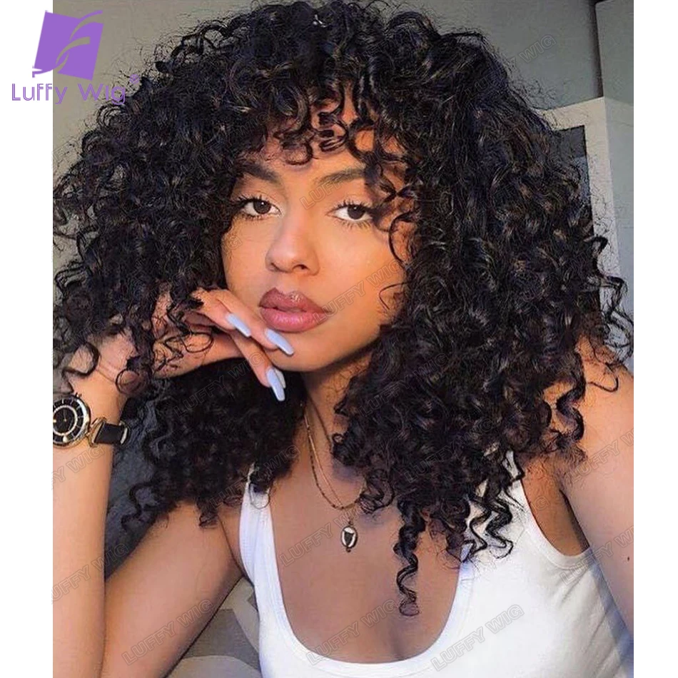 

New Brazilian Remy Curly Human Hair Wigs With Bangs 200 Density Full Machine Made Scalp Base Top Wig For Black Women Luffywig