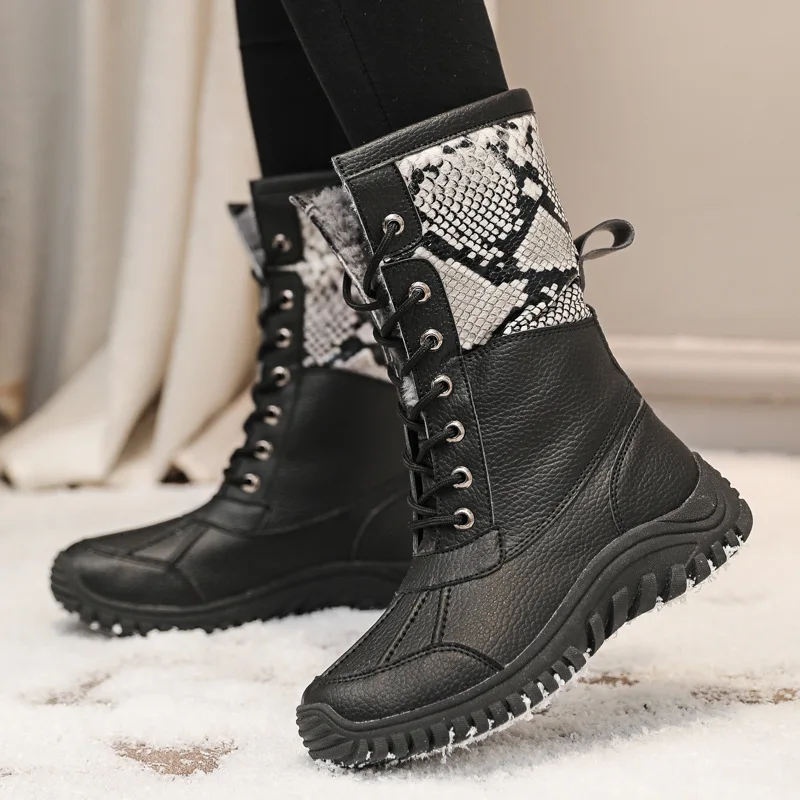 

Genuine Leather Snow Boots Women Witner Warm Shoes Fur 2020 New Mid Calf Female Fashion Bandange Warm Winter Boots White