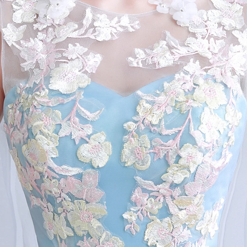 

Bespoke Occasion Dresses Illusion O-Neck Sleeveless Embroidery Tulle Backless Luxury Light Blue Women Wedding Party Gown TS143