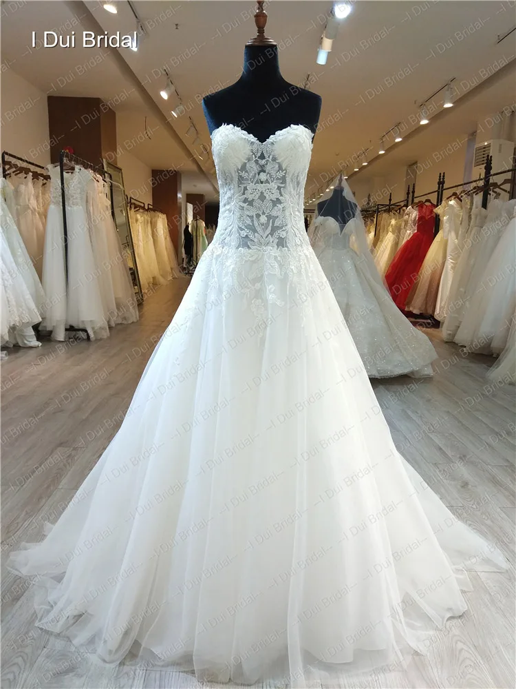 Sweetheart Drop Waist Wedding Dress A Line Lace Illusion Corset Bridal Gown Factory Custom Make