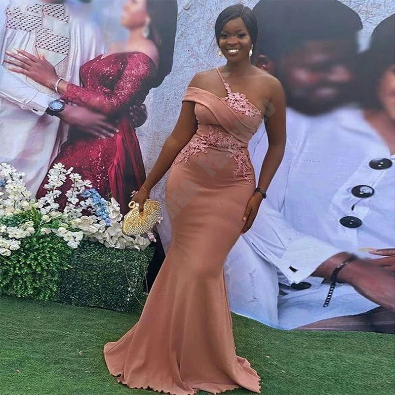 

Formal Evening Dress Mermaid One Shoulder Cut-Out Satin Vestido De Fiesta Appliques Pearls Vintage Ruched Robe De Soiree